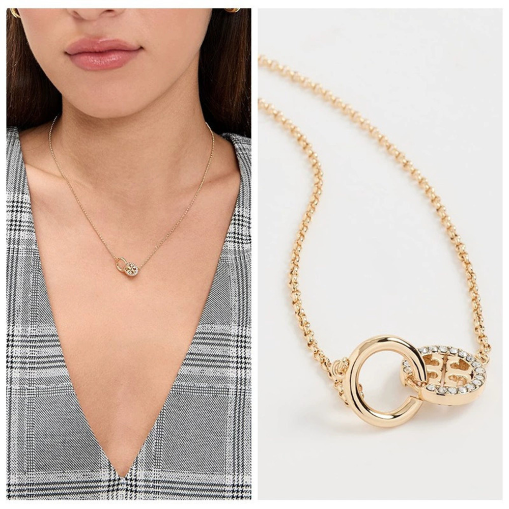 Tory Burch Gold Round Pave Interlocking Double Sided Diamond Double Chain